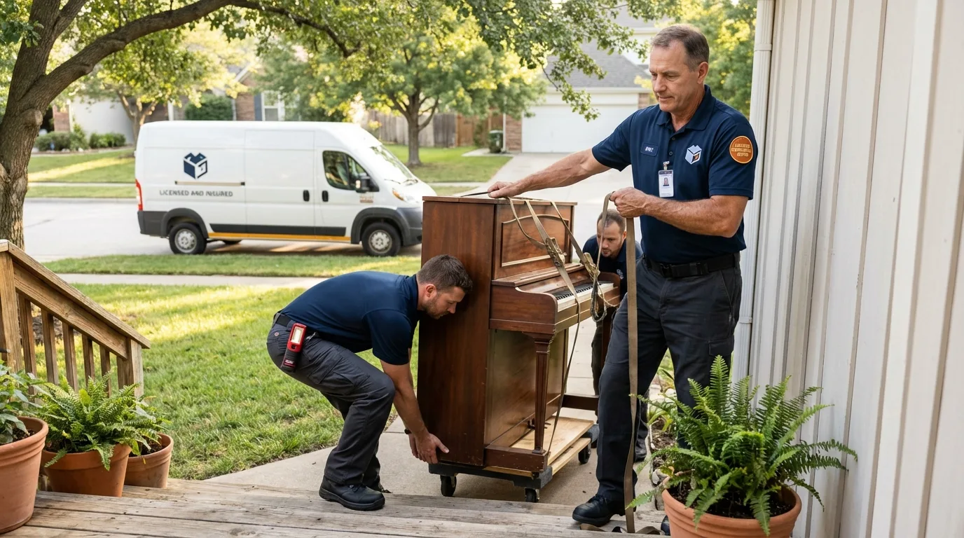 Licensed piano movers securing grand piano in Rensselaer, NY