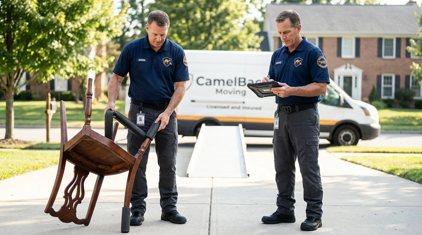 Movers inspecting furniture for damage prevention before loading in Rensselaer, NY