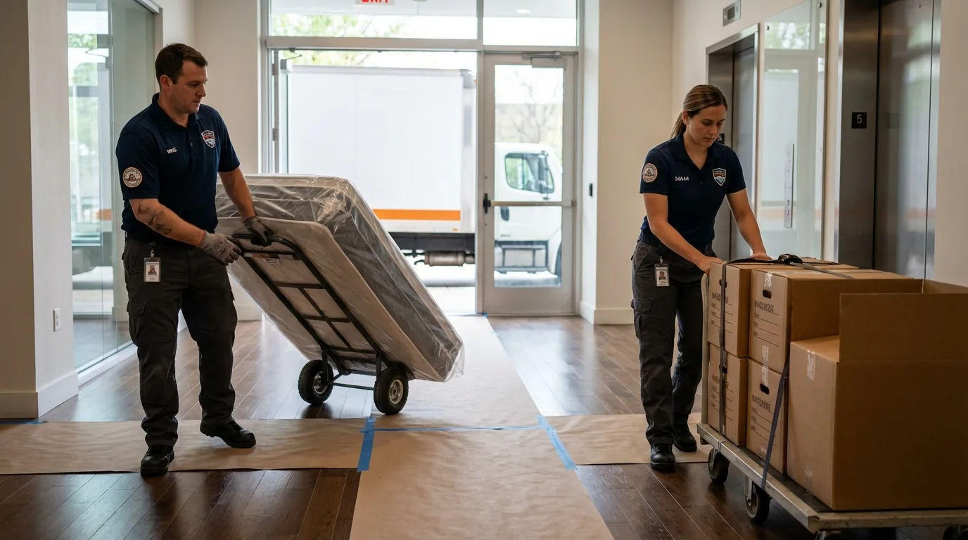 Professional apartment movers loading elevator in Rensselaer, NY
