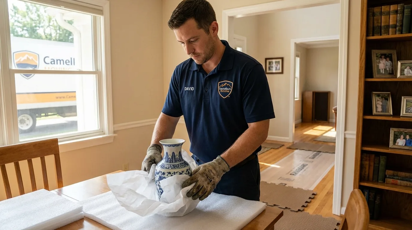 Professional crew carefully wrapping antique vase for senior downsizing move in Rensselaer, NY